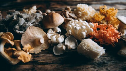 AI generator image of Various wild mushrooms lying on an old wooden surface, Fresh mixed of forest mushrooms on cutting board over old wooden table