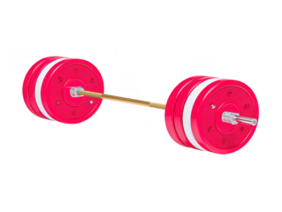 Red and white barbell with gold bar, isolated on transparent background, used for weightlifting, fitness, and strength training in gym or home workout, modern and energetic style