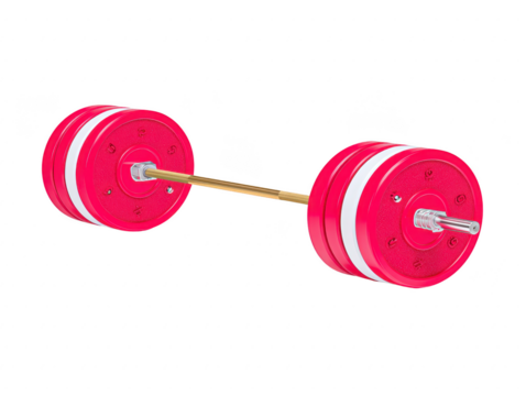 Red and white barbell with gold bar, isolated on transparent background, used for weightlifting, fitness, and strength training in gym or home workout, modern and energetic style