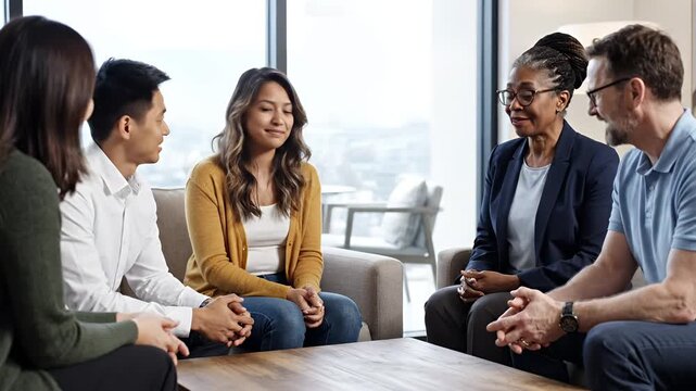 Diverse group of professionals and individuals engage in a focused discussion collaborative team meeting or supportive therapy session in a modern office environment