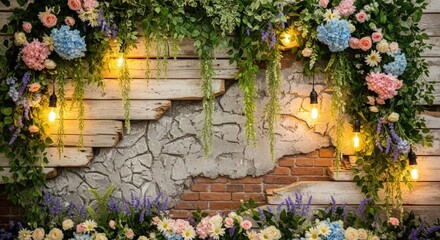 rustic brick wall, overgrown with vines and flowers, warm lighting, detailed floral arrangement, lush greenery, magical atmosphere, dreamlike, cinematic, intricate textures, award-winning photography
