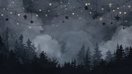 Rainy city landscape at night with foggy blue reflection on the window