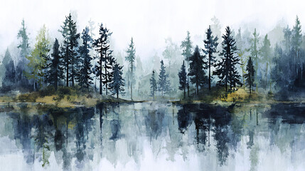 Blue sky and pine forest reflection in the calm mountain lake water