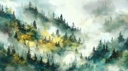 Abstract watercolor grunge background with misty forest landscape of pine trees and blue sky