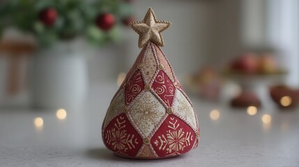 patchwork christmas concept. Decorative fabric Christmas tree with intricate patterns and star top.