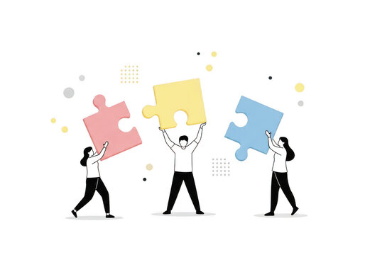 Teamwork concept with people holding puzzle pieces together isolated on transparent background