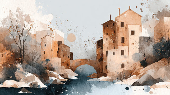 Ancient European architecture in a snow-covered old town street