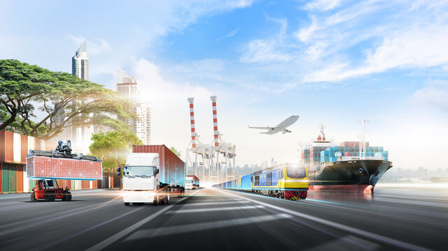 Sustainable global logistics and multimodal transportation system for the supply chain. Modern green technology drives efficient international global trade.