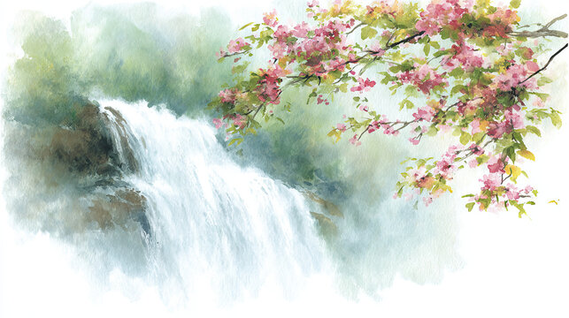 A wet dog running in a scenic green forest near a flowing waterfall