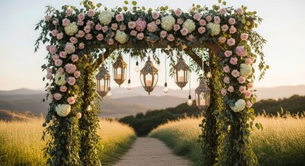 a wedding arch made of flowers, ornate floral arch, hanging candles, stone path, rolling hills, scenic outdoor landscape, golden hour lighting, mystical, ethereal, dreamy, highly detailed, intricate