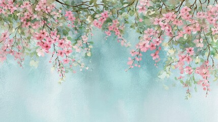 Pink cherry blossom branches bloom in the park after a spring rain