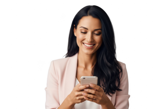Smiling woman in pink blazer using smartphone while standing isolated on transparent background