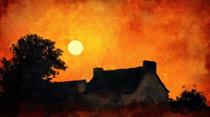 Forest fire sunset silhouette with red sky and dark landscape