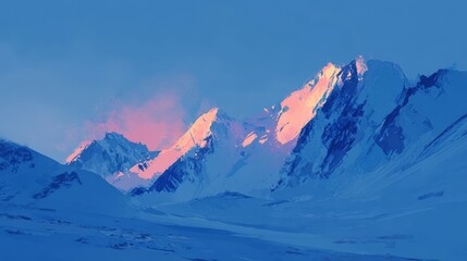 Winter panorama of snow-covered high alpine mountains and peaks under a clear sky