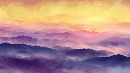 Mountain landscape at sunrise with light shining through clouds and mist in the valley