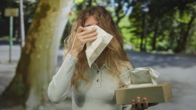 Woman grabs tissue to sneeze on a street beside an outdoor bus stop during allergy attack with blonde hair holding box upset.