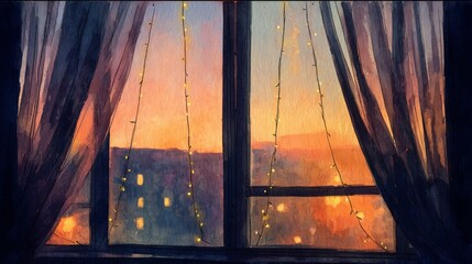 Vintage interior of an old wooden house with a fire in the fireplace, a lantern on the wall, and light coming through the window