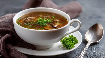 A hot chicken mushroom soup in a bowl