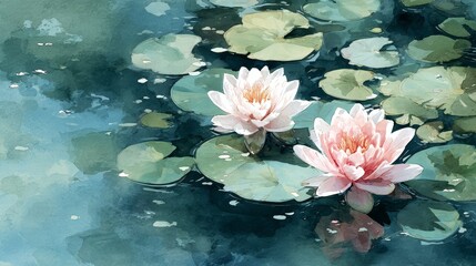 Pink water lilies and lotus flowers blooming on a pond in nature