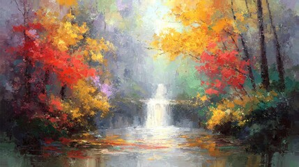 Beautiful yellow and red autumn waterfall cascade in a park with flowing water and distant nature falls over rock
