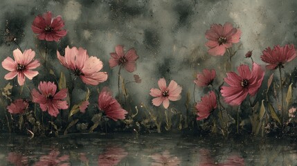 Blooming pink and red roses and colorful flowers on the ground in a beautiful spring or summer garden