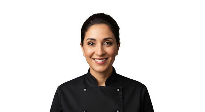 Smiling 44-49-year-old Middle Eastern caterer in crisp black chef's jacket, isolated on transparent background. Ideal for holiday party promotions, culinary business branding, restaurant menus,