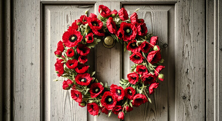 Poppy wreath hanging on rustic door with gentle light, remembrance day theme.