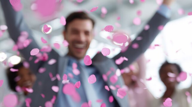 business team celebrating success in modern office with confetti, happiness and teamwork, professional environment