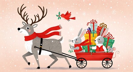 Cartoon Reindeer Pulling Cart of Gifts with Bunnies