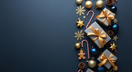 Christmas Decorations Arranged on Dark Blue Surface