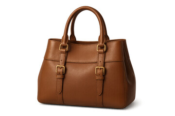 Brown leather handbag featuring golden buckle details, elegant accessory for fashion, shopping, and style, isolated on transparent background