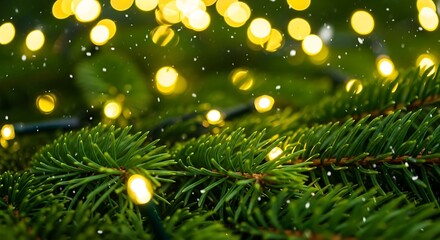Christmas Tree Branches with Bokeh Lights and Snowflakes