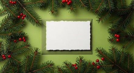 Christmas Fir Branches and Berries Framing a Blank Card