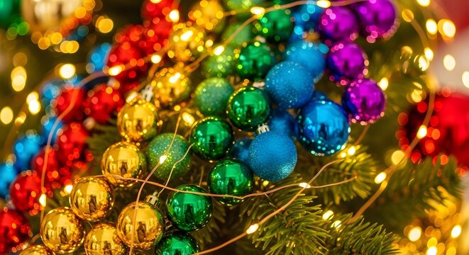 Vibrant christmas tree decorations with colorful ornaments and twinkling lights creating a festive holiday atmosphere