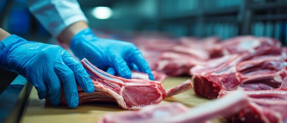 AI generator images of The process of producing meat in a processing plant, with employees wearing protective clothing and gloves for hygiene, to maintain cleanliness standards in separating 