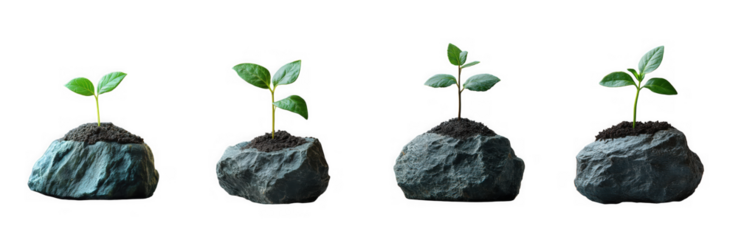 Four small green plants growing from dark rocks, isolated on transparent background