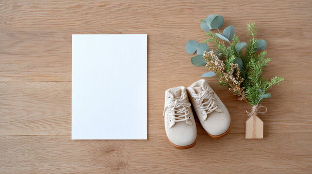 Warm newborn announcement flat lay with blank card mockup for greeting or message. cute baby shoe and eucalyptus on wooden background for gentle, natural baby shower theme - Powered by Adobe