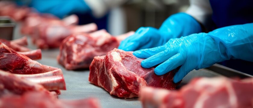 AI generator images of The process of producing meat in a processing plant, with employees wearing protective clothing and gloves for hygiene, to maintain cleanliness standards in separating 