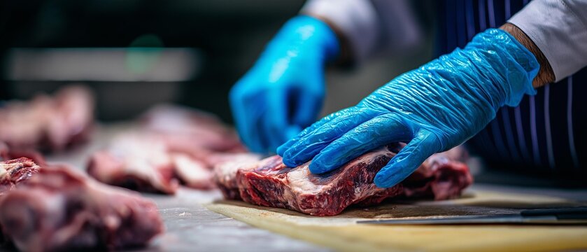 AI generator images of The process of producing meat in a processing plant, with employees wearing protective clothing and gloves for hygiene, to maintain cleanliness standards in separating 