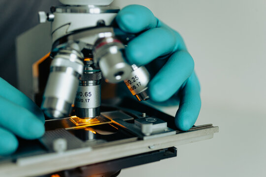 Hands with gloves adjusting microscope lens