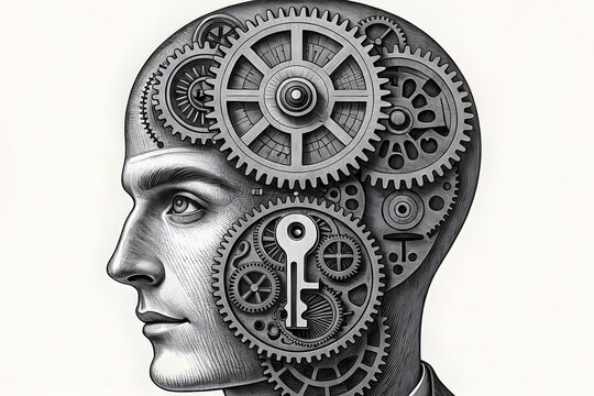 Intricate gears and a key inside a human head, representing thought and innovation