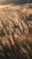 Obraz premium Golden light from beautiful sunset illuminates peaceful field of grass. calm scene of plant in nature creates serene background with soft warm tones