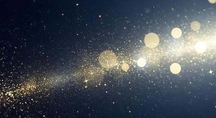 Golden Glittering Particles And Bokeh Lights On Dark Blue Background