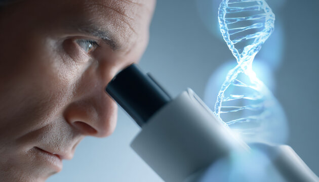 Concentrated male scientist researching genetics and medicine looks into microscope with glowing DNA helix. future concept for biotechnology and healthcare science