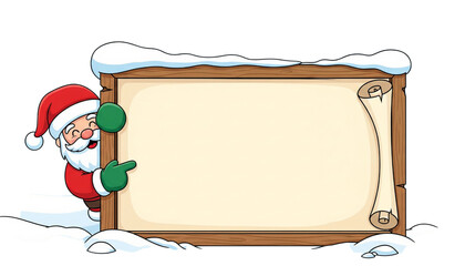 Cheerful santa claus peeking behind a wooden sign isolated on transparent background