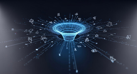 Abstract funnel with data stream, business and technology concept, 3d rendering