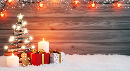 Rustic Christmas Scene With Gifts and Candles tree