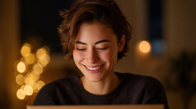 Happy young woman smiling while using laptop online at night. cozy home portrait capturing warm and content emotion with soft light and bokeh in background