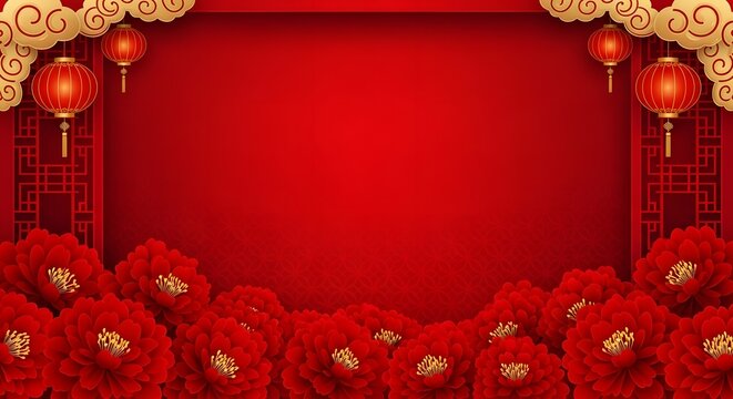 Vibrant red chinese new year celebration background with ornate lanterns and festive decorations
