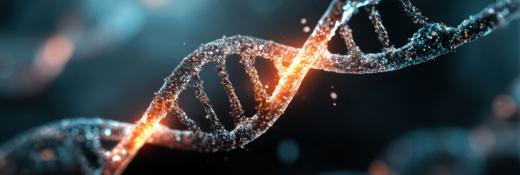 Futuristic dna helix structure representing gene and genetic science. An abstract molecule concept showing complexity of biotechnology and hopeful wonder of discovery